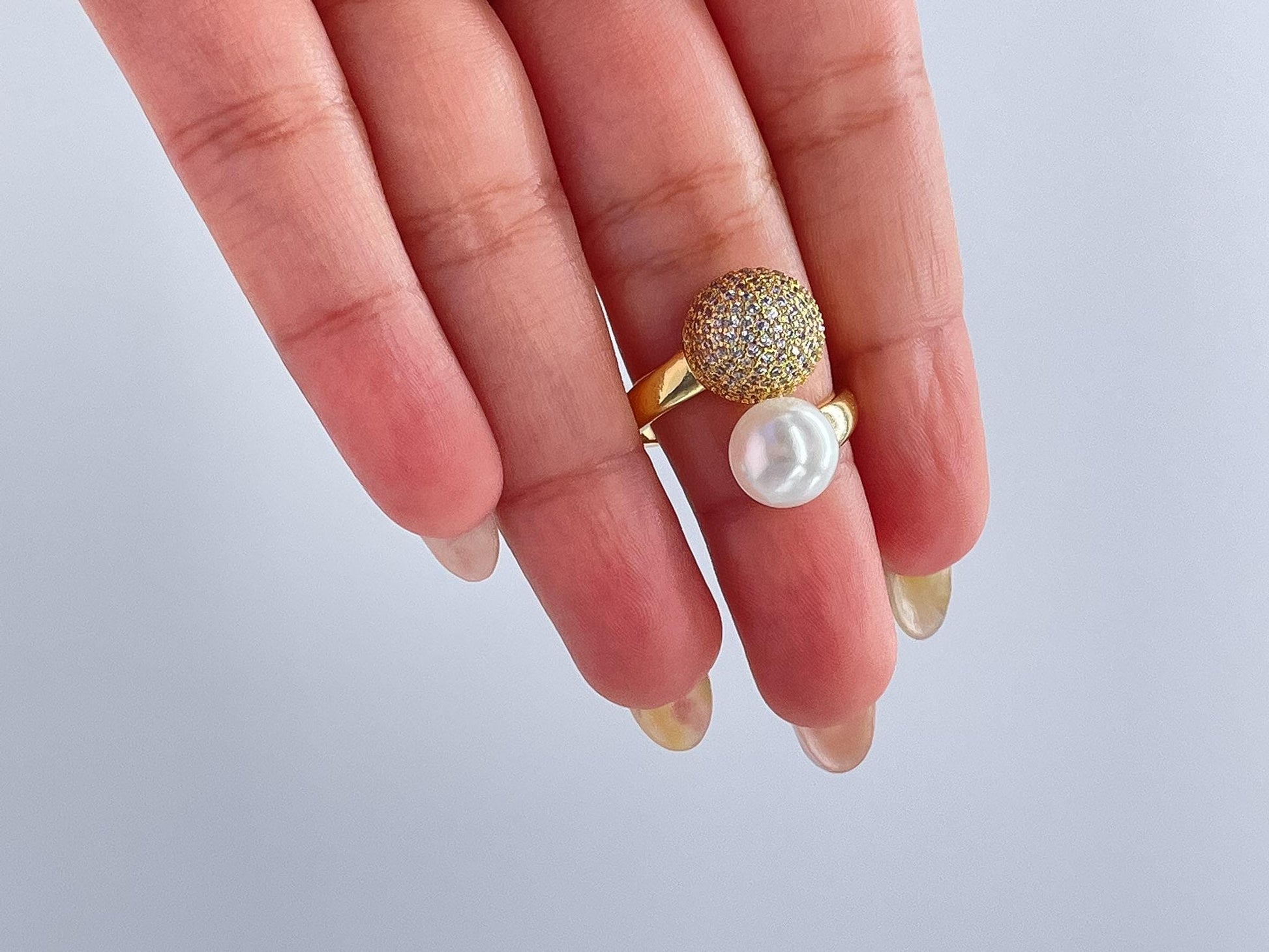 18k Gold Filled Adjustable Dual Ring With Pearl and CZ