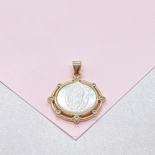 18k Gold Filled Virgin Mary/Guadalupe Mother of Pearl Medallion Charm with Beveled CZ, Guadalupe Necklace, Virgin Mary Charm