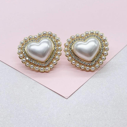 18k Gold Filled Puffy Heart Stud Earrings: CZ & Pearl Crown