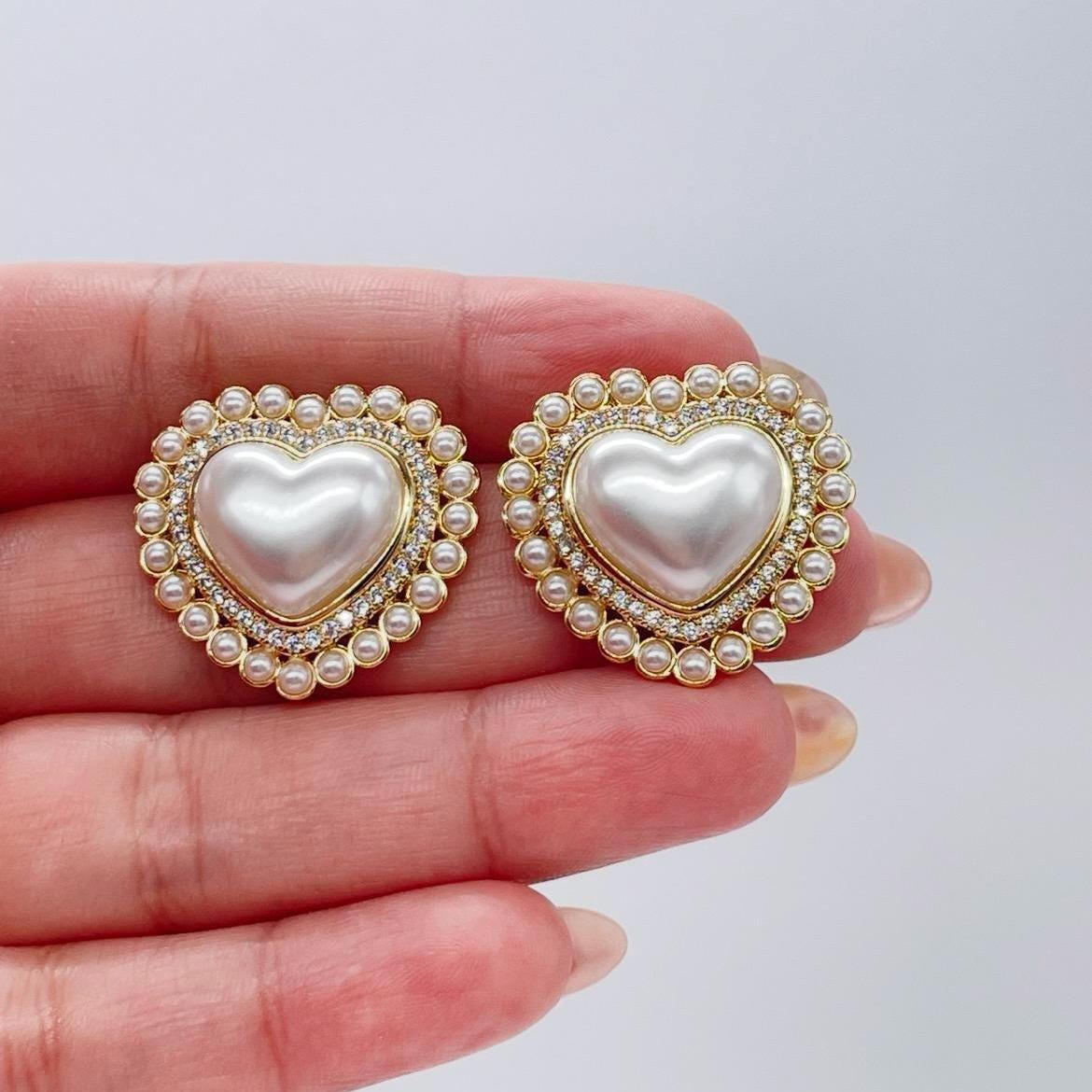 18k Gold Filled XL Puffy Heart Stud Earrings, Crowned with CZ and Round Rice Pearl