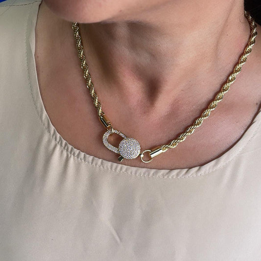 18k Gold Filled 5mm Thick Rope Choker Necklace featuring Large Pave Micro Zirconia Lobster Clasp