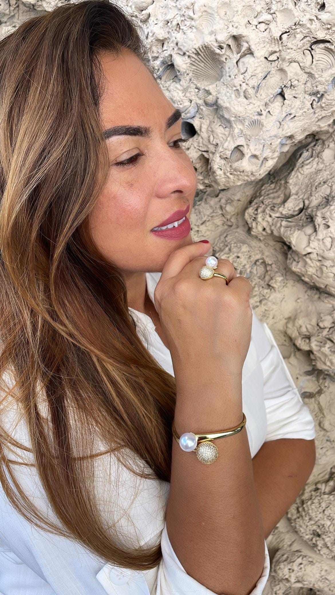 18k Gold Filled Adjustable Dual Ring With Pearl and CZ