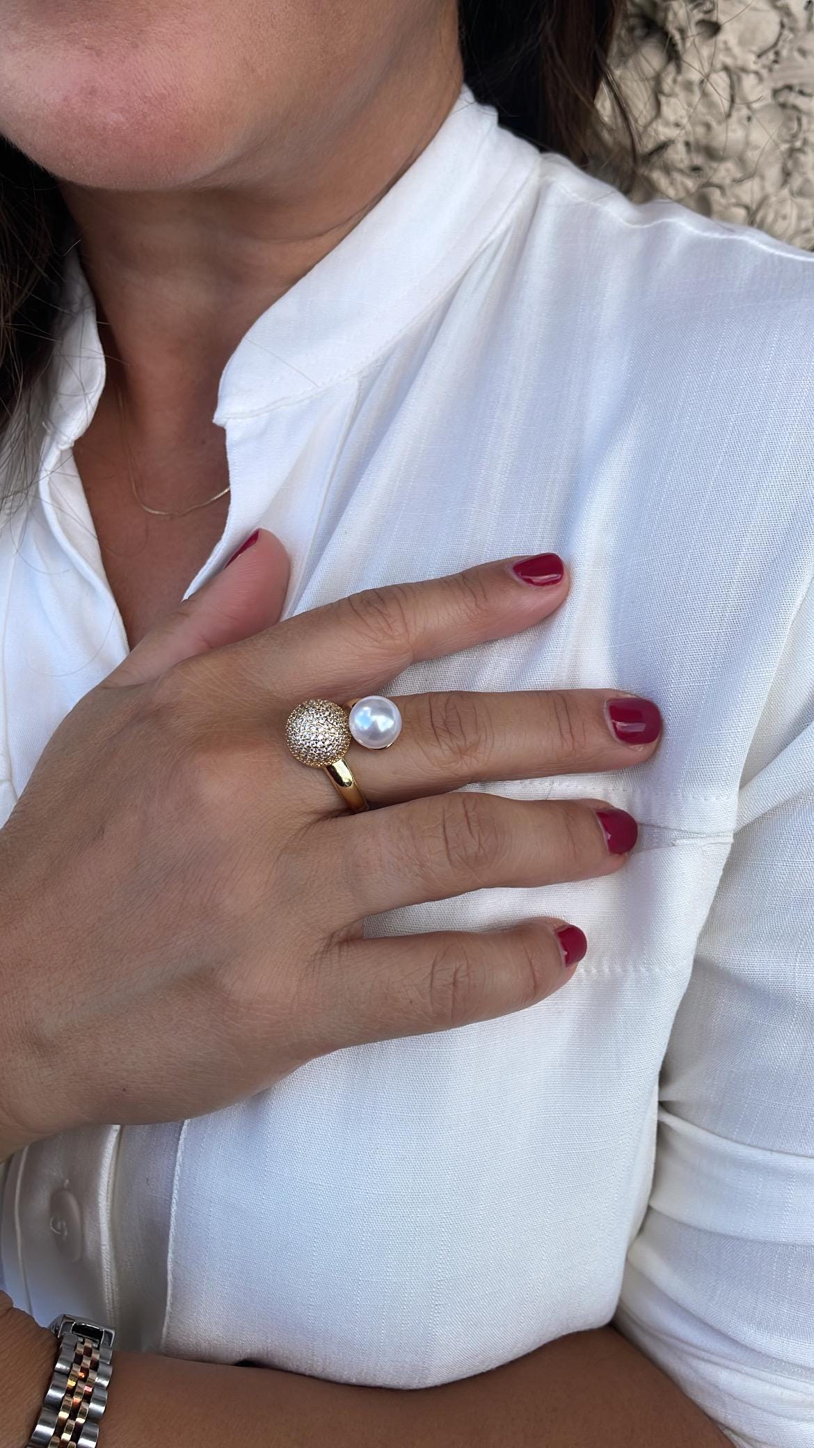 18k Gold Filled Adjustable Dual Ring With Pearl and CZ