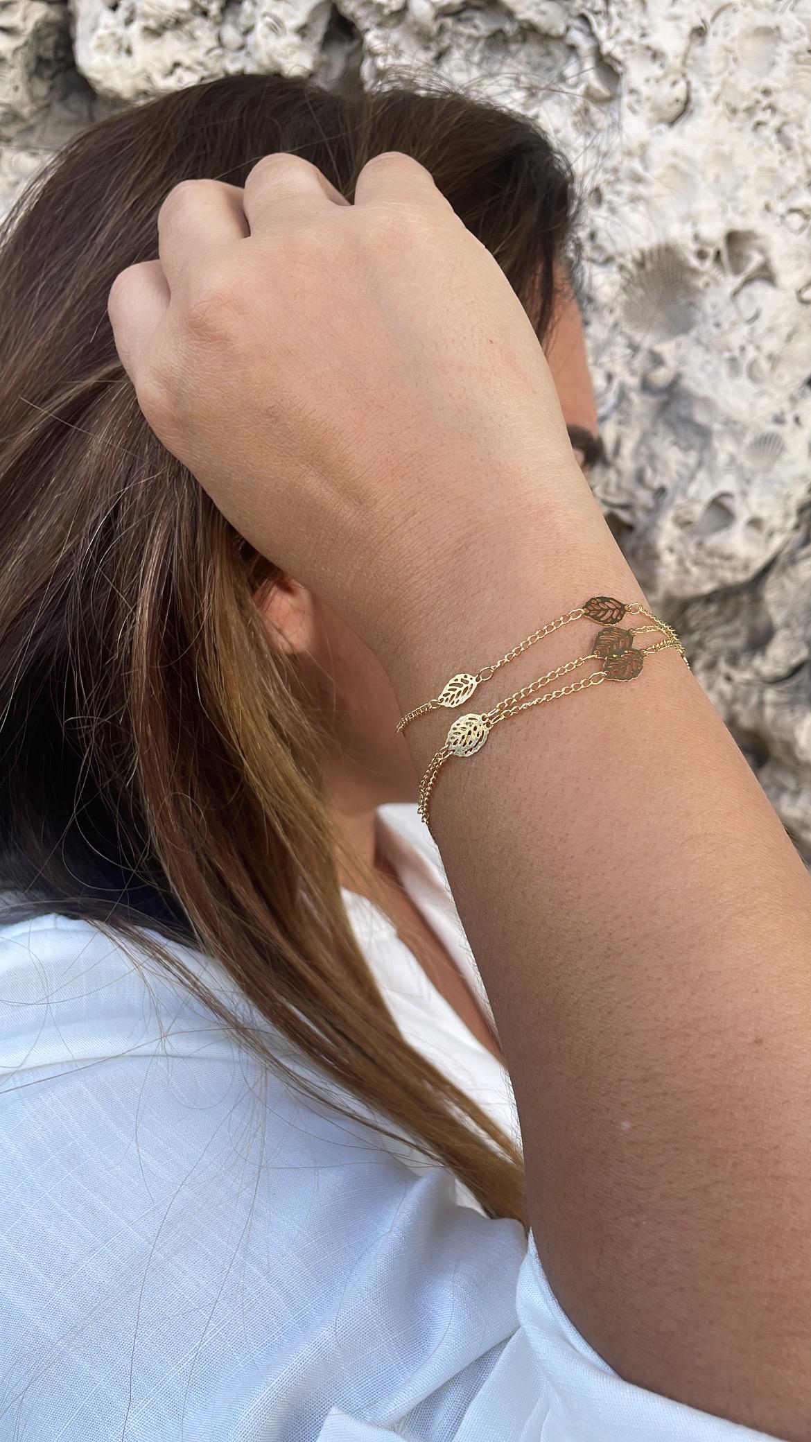 18k Gold Filled 3 in 1 Curb Link Bracelet with Leaf charms