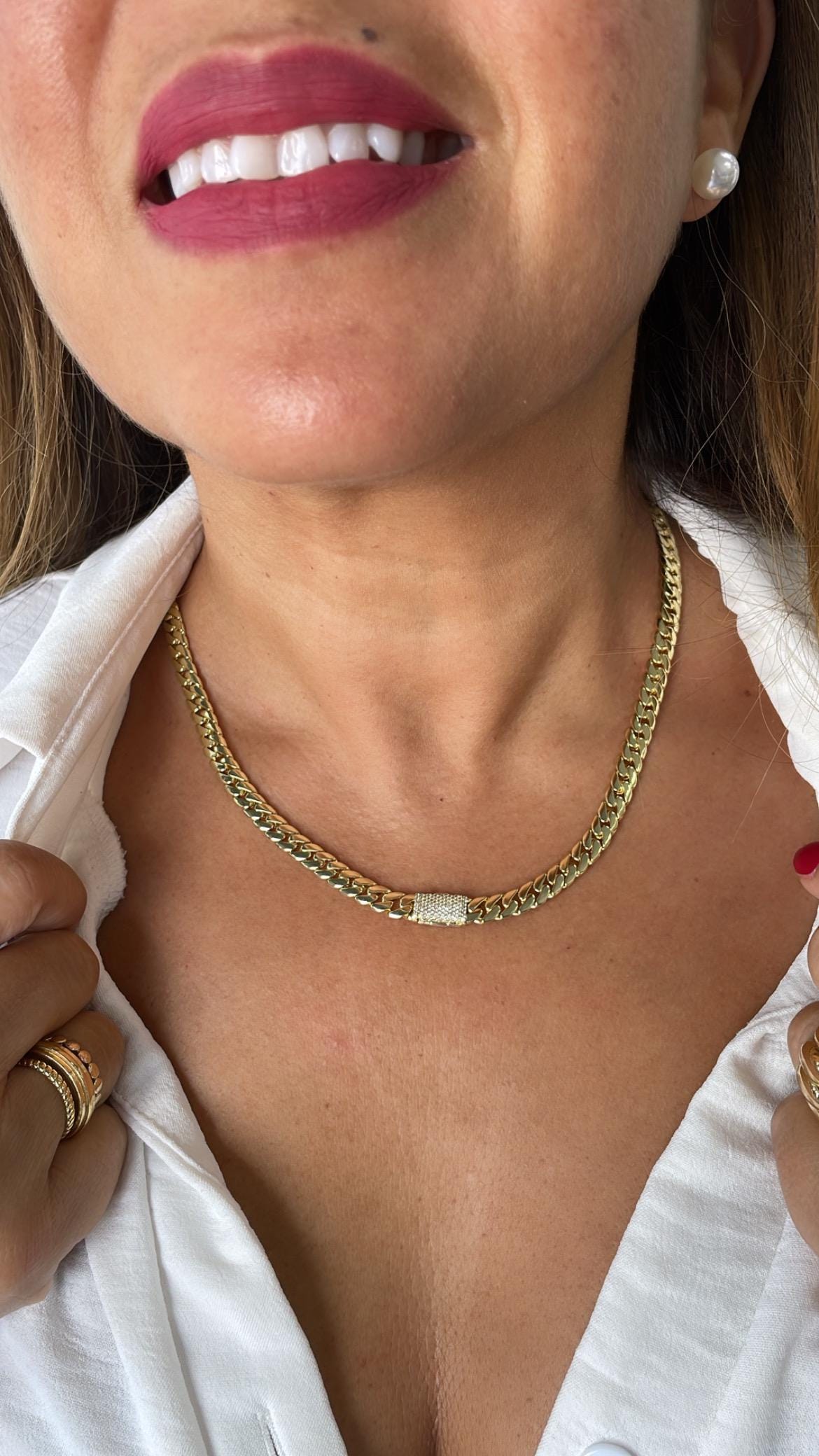 14k Gold Filled Monaco Link Chain Necklace or Bracelet: CZ Pave Clasp