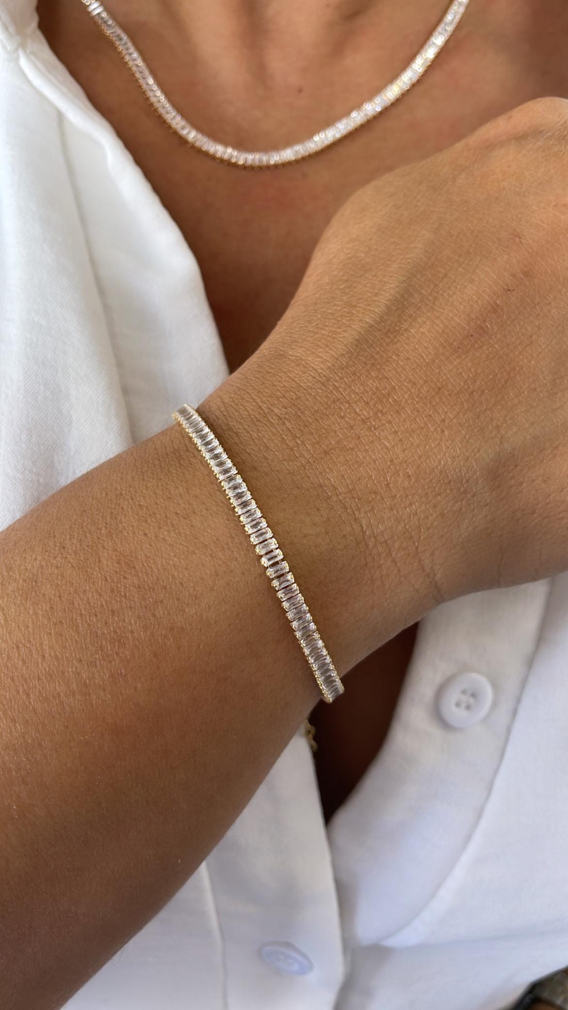 Gorgeous 18k Gold Filled Dainty Baguette Cubic Zirconia Set Choker Necklace and Bracelet And Jewelry Making Supplies