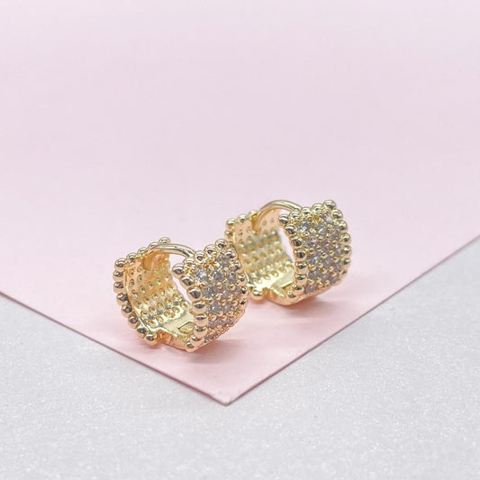 18k Gold Filled Wide Bead Engraved CZ Huggie Hoops
