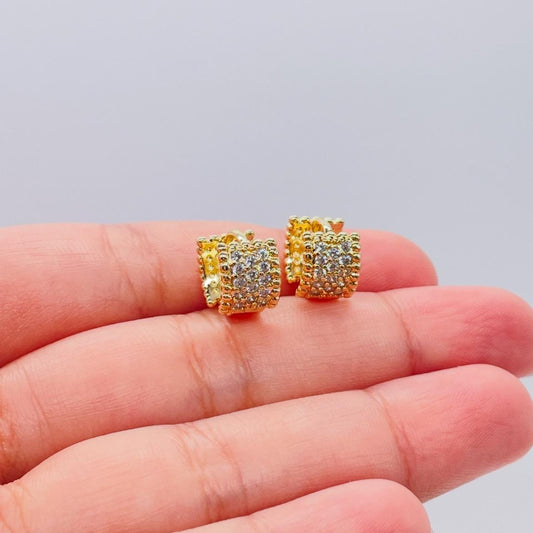 18k Gold Filled Wide Bead Engraved CZ Huggie Hoops