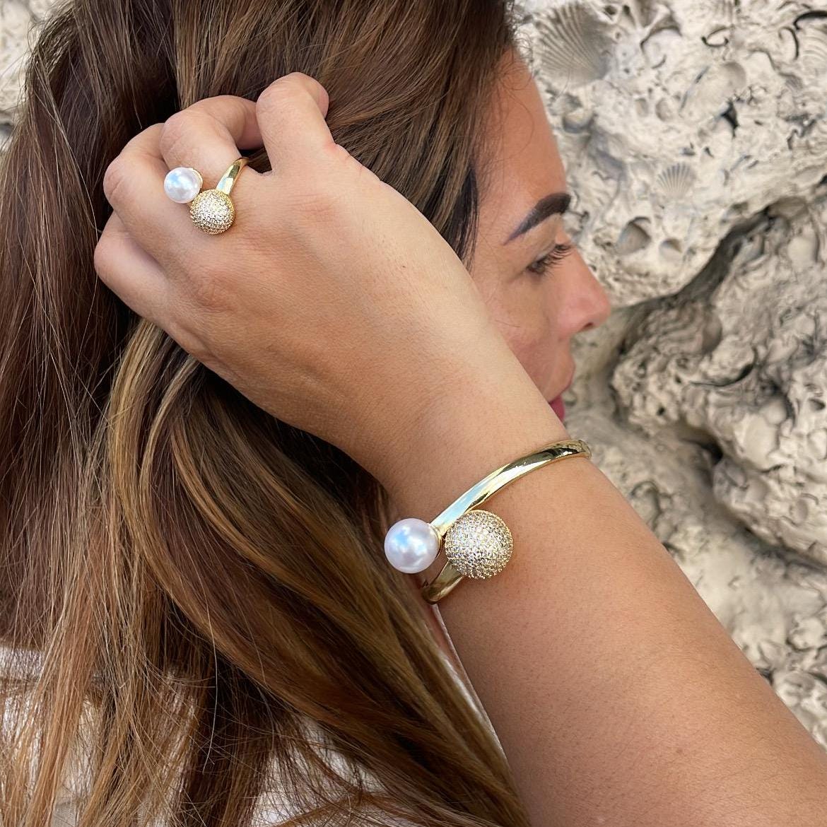 18k Gold Filled Adjustable Dual Ring With Pearl and CZ