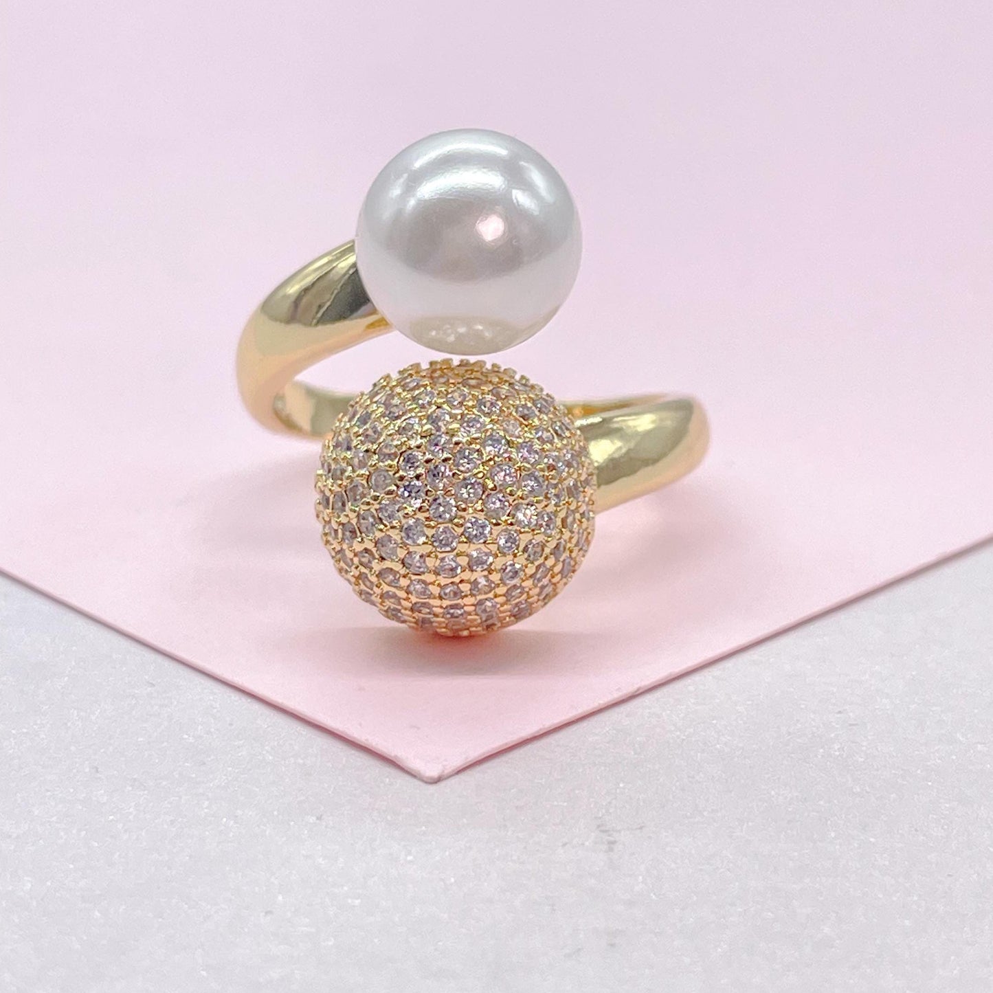 18k Gold Filled Adjustable Dual Ring With Pearl and CZ