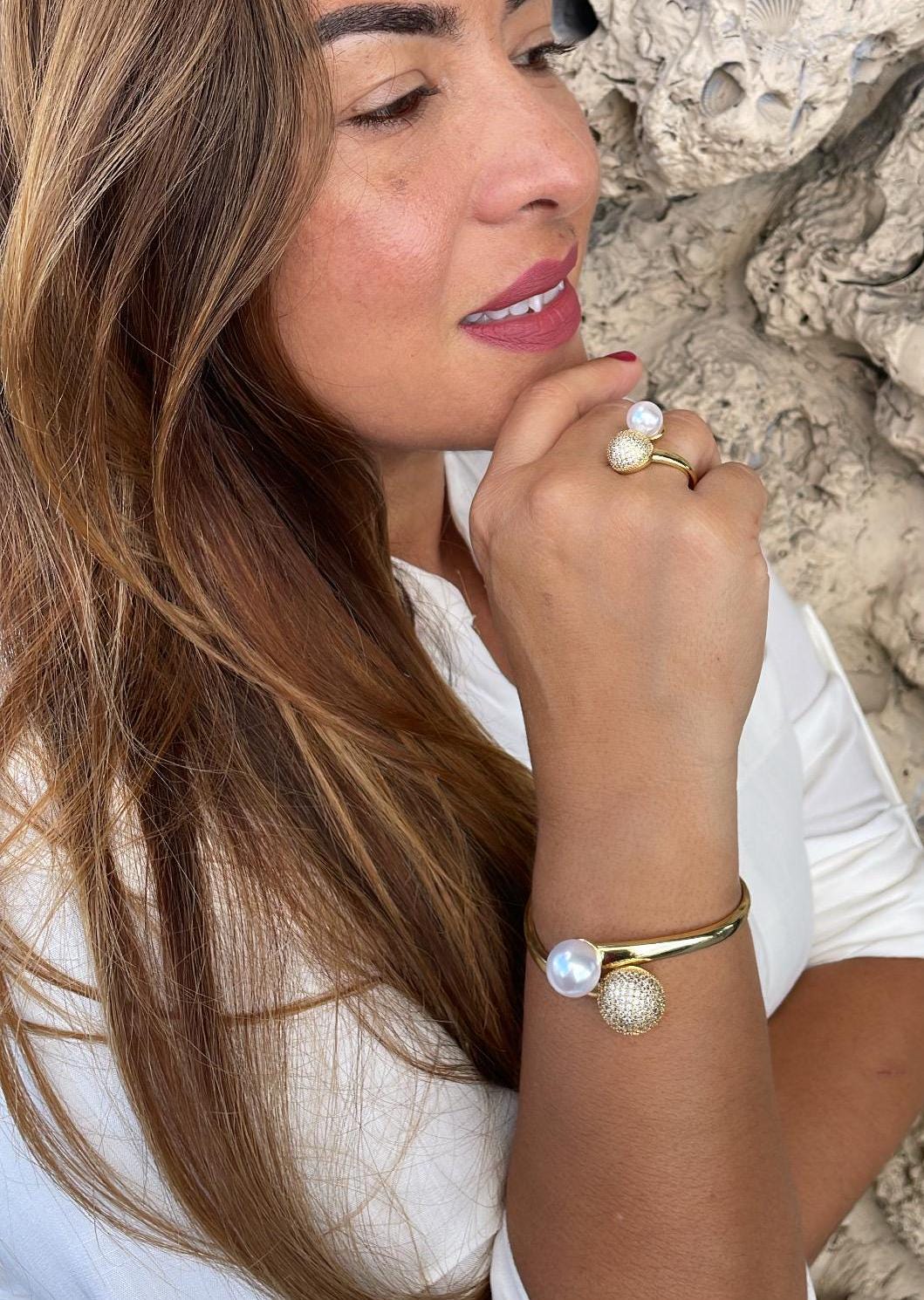 18k Gold Filled Smooth Bangle Dual Ended With Pearl and CZ