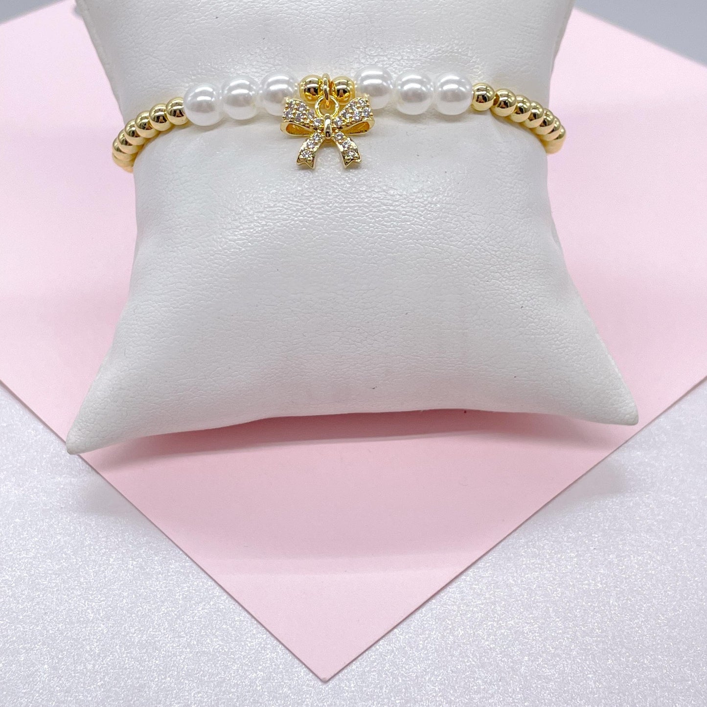 18k Gold Filled Elastic Classic 4mm Gold and Pearl Beaded Bracelet with CZ Pave Bow