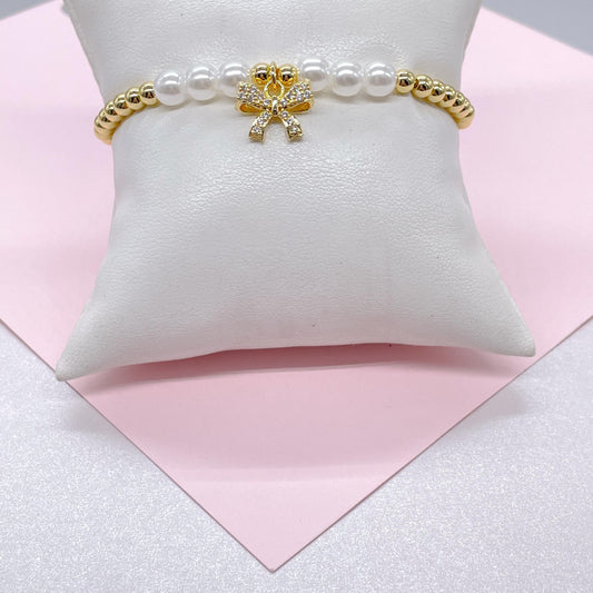 18k Gold Filled Elastic Classic 4mm Gold and Pearl Beaded Bracelet with CZ Pave Bow