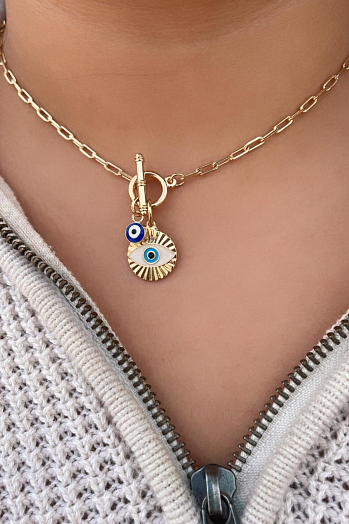 18k Gold Filled Paperclip Toggle Choker with Blue Evil eye charms