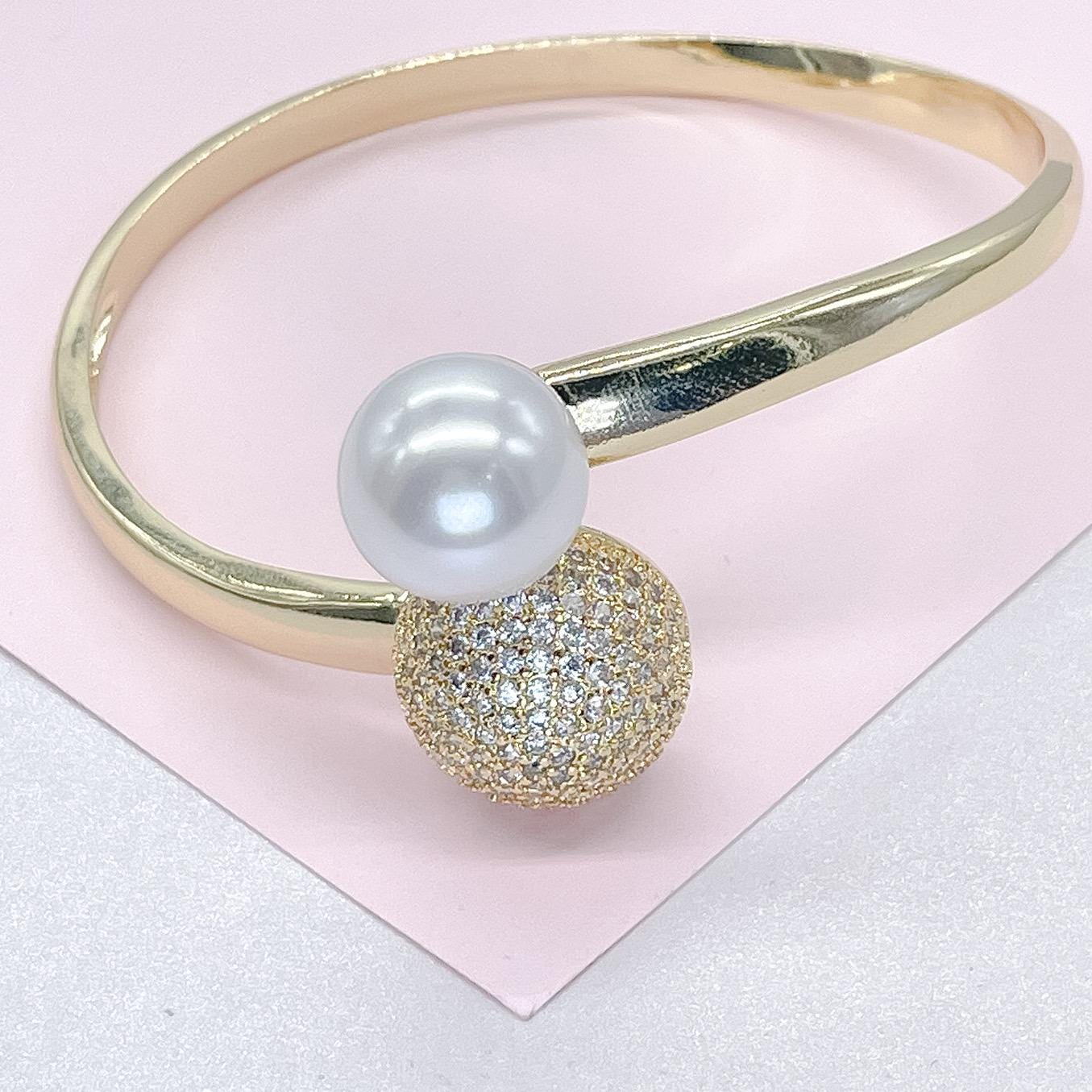 18k Gold Filled Smooth Bangle Dual Ended With Pearl and CZ