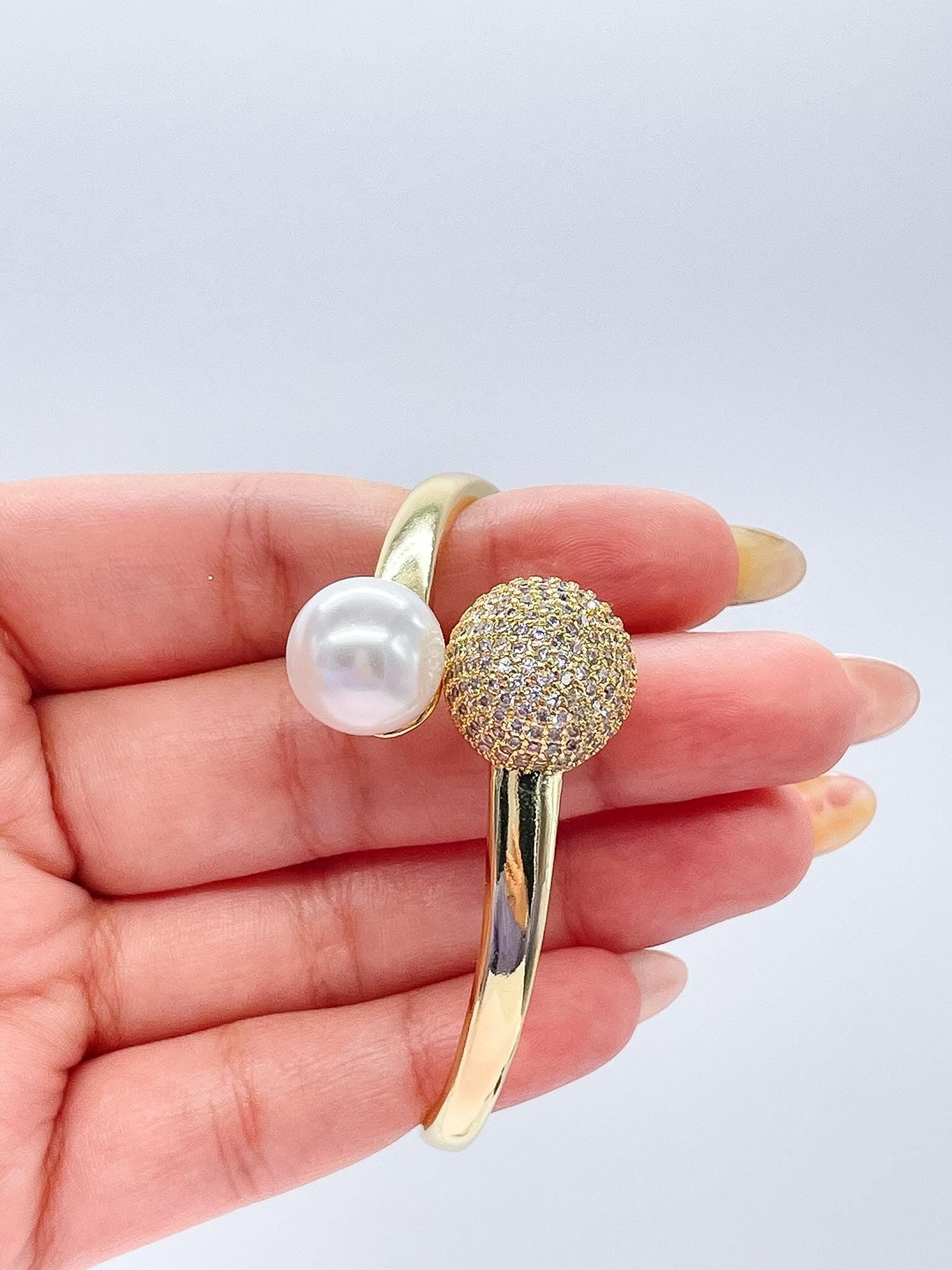 18k Gold Filled Smooth Bangle Dual Ended With Pearl and CZ