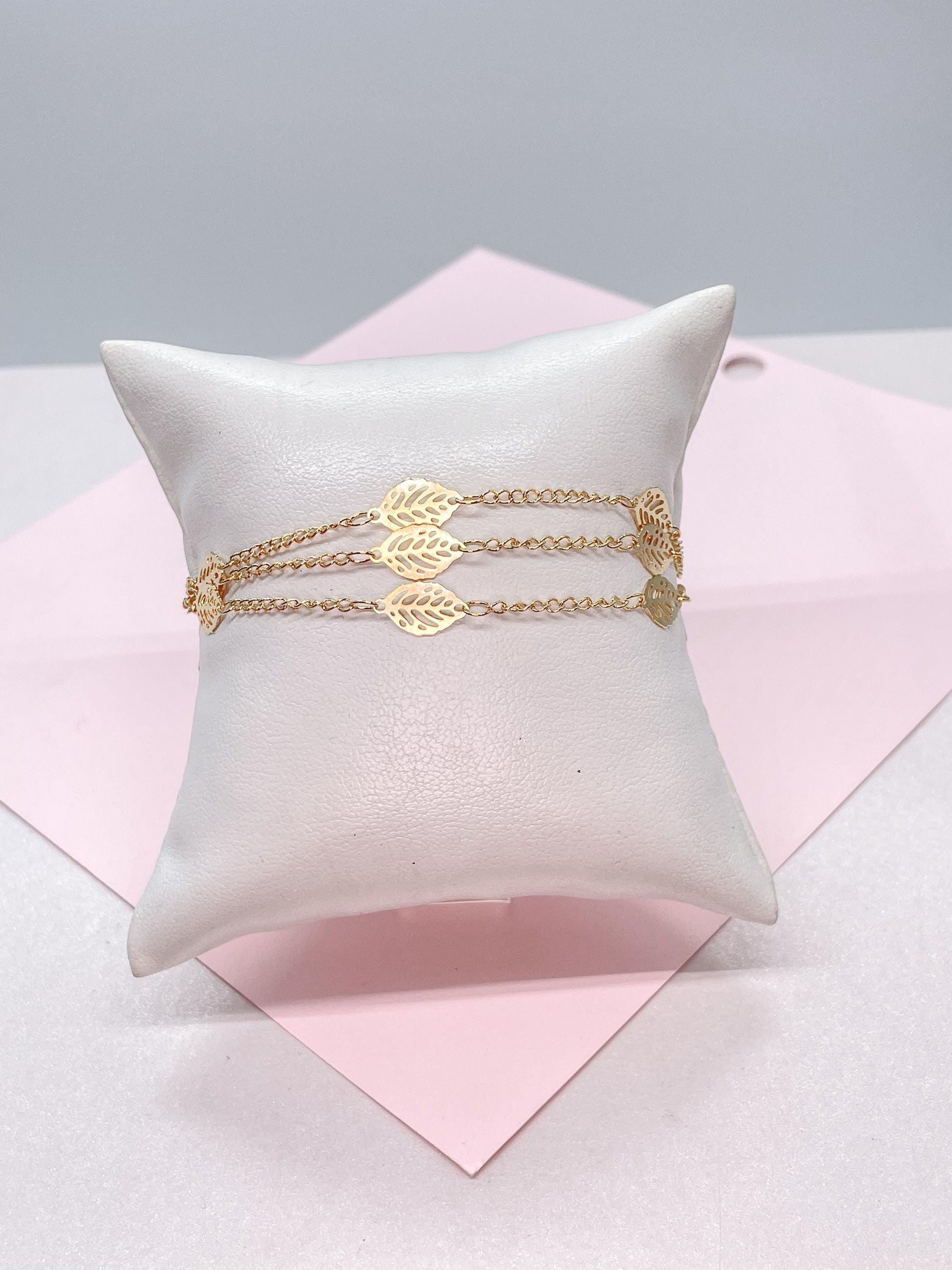 18k Gold Filled 3 in 1 Curb Link Bracelet with Leaf charms
