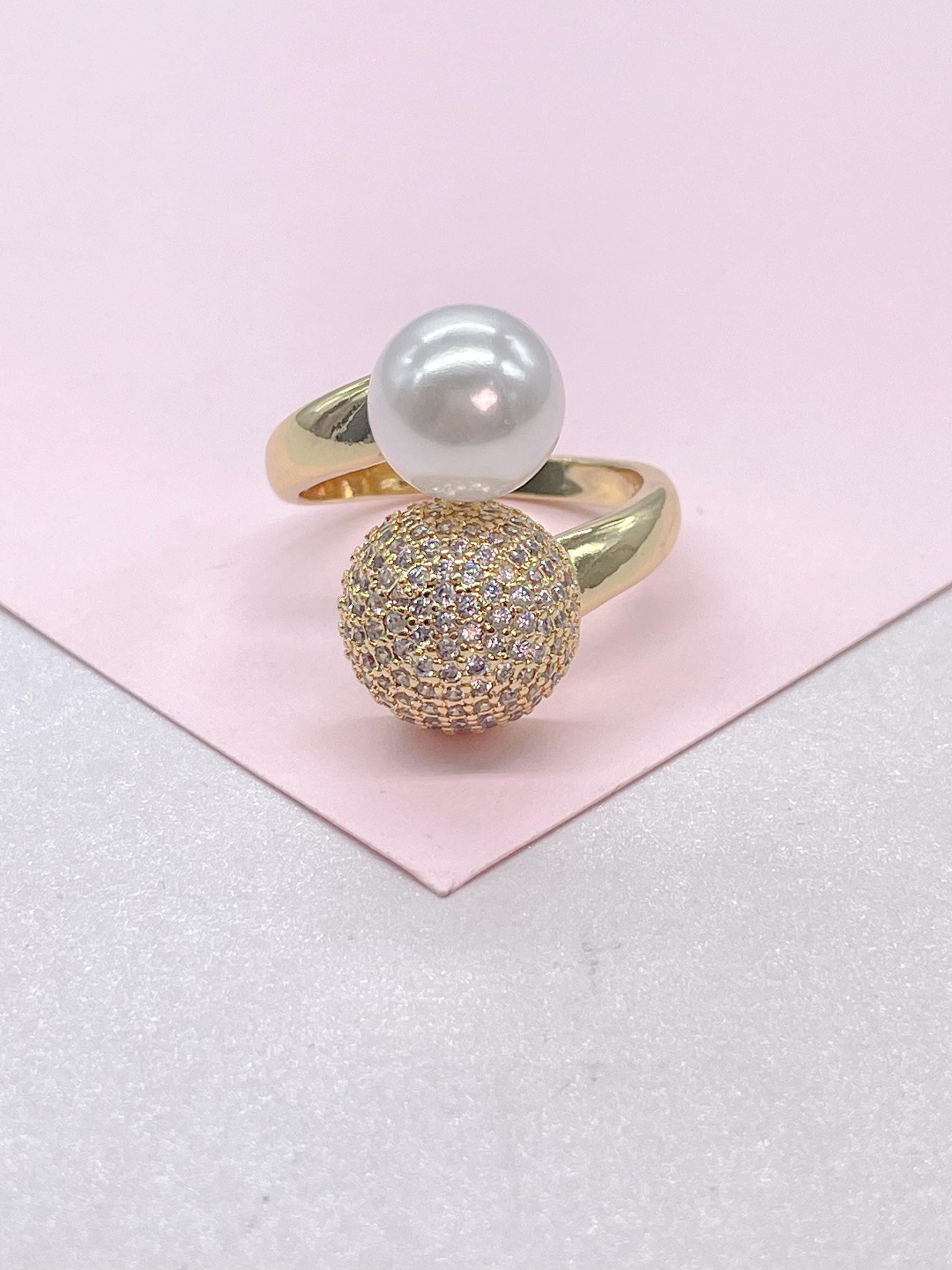 18k Gold Filled Adjustable Dual Ring With Pearl and CZ