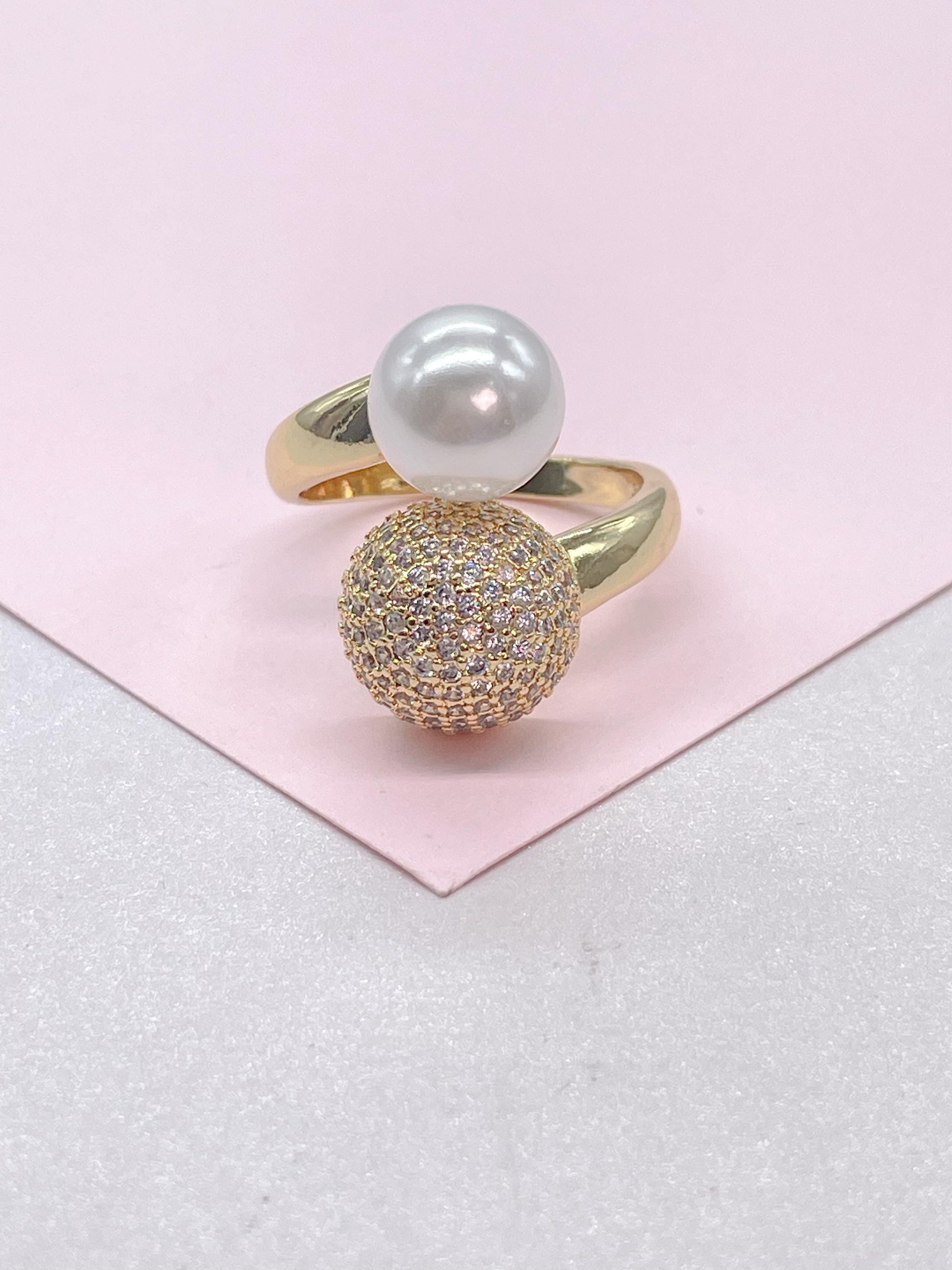 18k Gold Filled Adjustable Dual Ring With Pearl and CZ