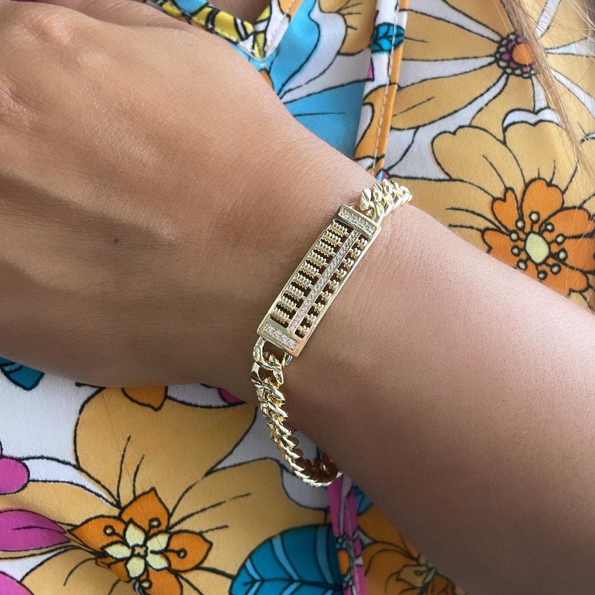 7mm 18k Gold Filled Unisex ID Cuban Link Bracelet with Engraved Edge Pattern