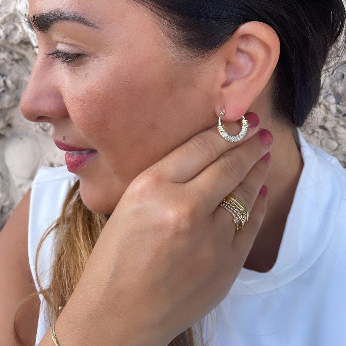 18k Gold Filled Small One-sided cz Hoop Earring