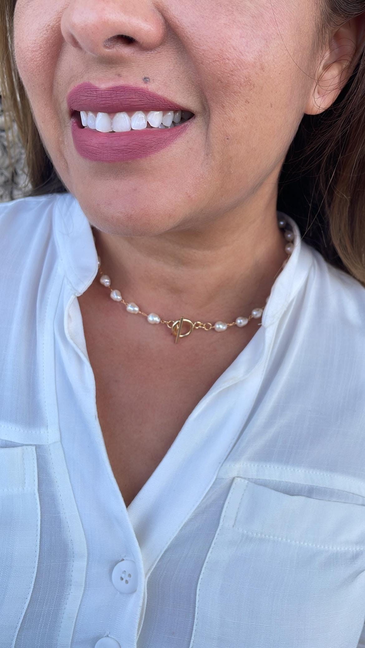 18k Gold Filled Natural Shaped 6mm Faux Beaded Pearl Toggle Choker