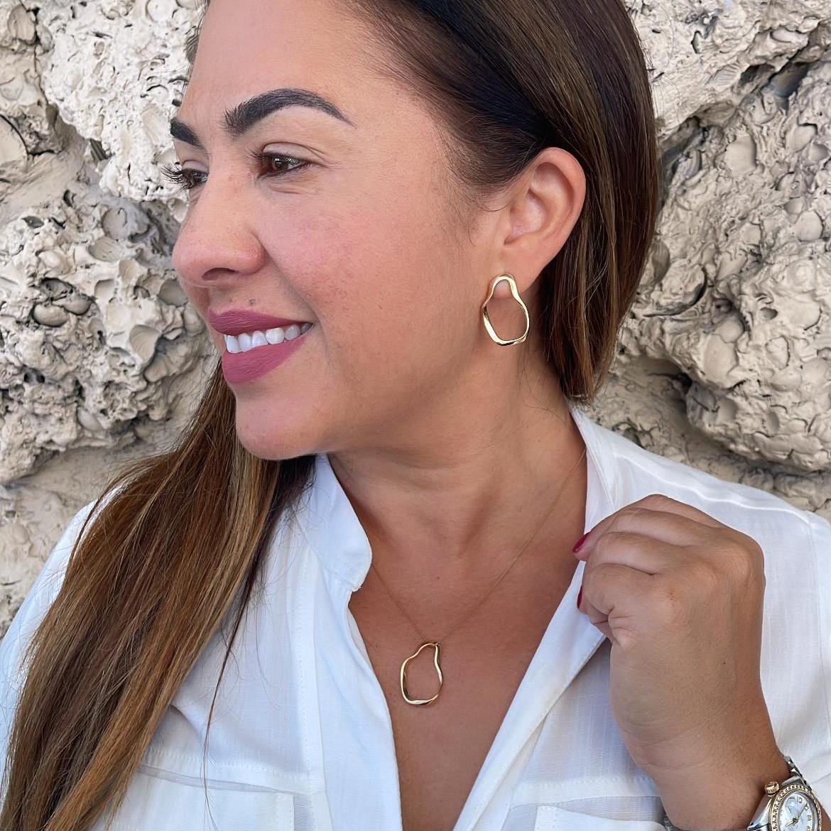 18k Gold Filled Irregular Oval Necklace Pendant and Earrings, Boho Shape Set