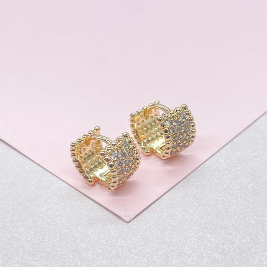 18k Gold Filled Wide Bead Engraved CZ Huggie Hoops