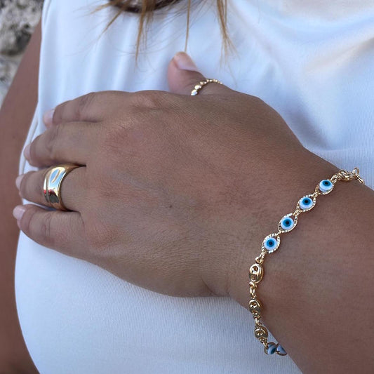 18k Gold Filled Blue Evil Eye Charm Bracelet with Puffy Mariner Links