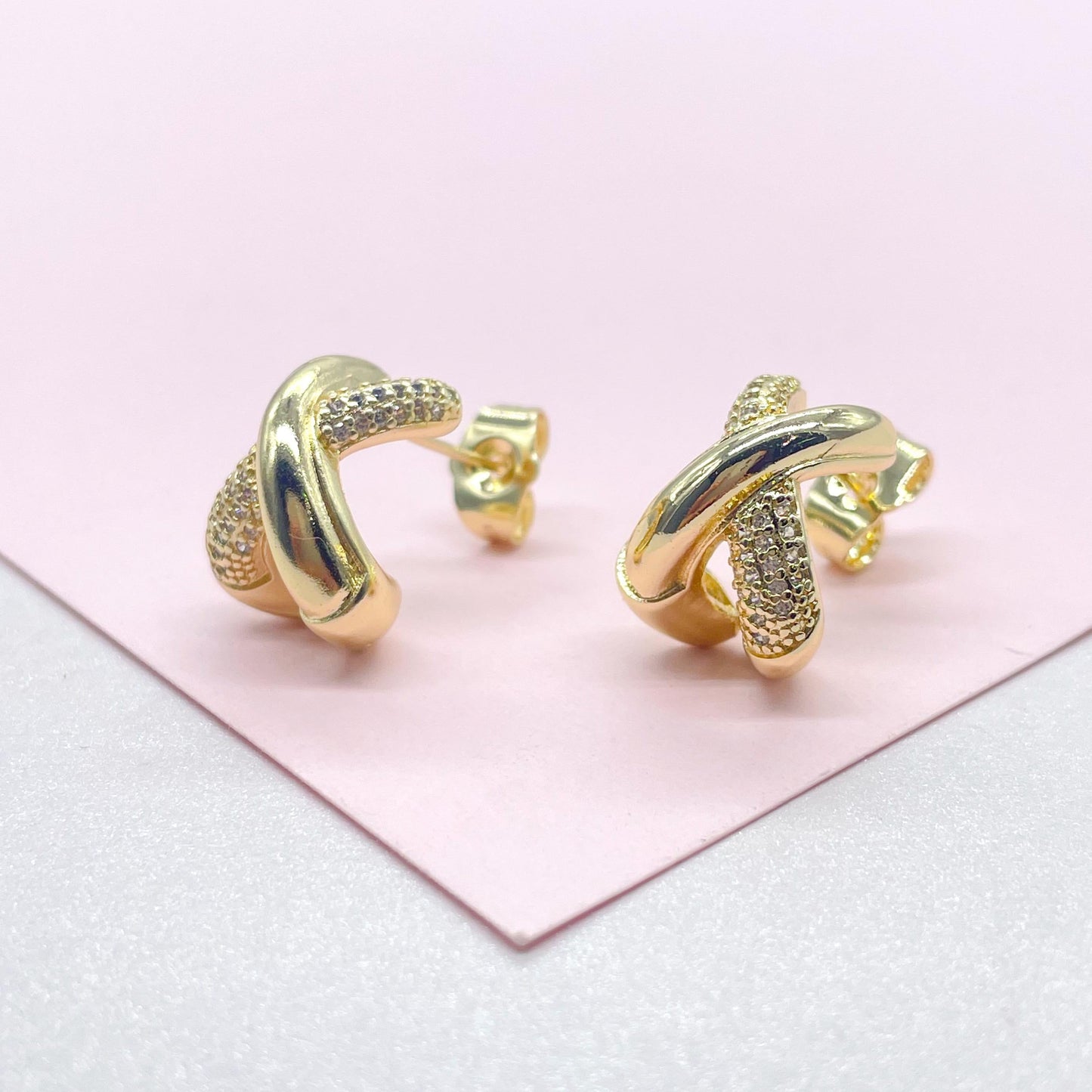 18k Gold Filled X Stud Hoop Earring with CZ Patterned