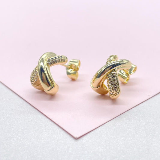 18k Gold Filled X Stud Hoop Earring with CZ Patterned