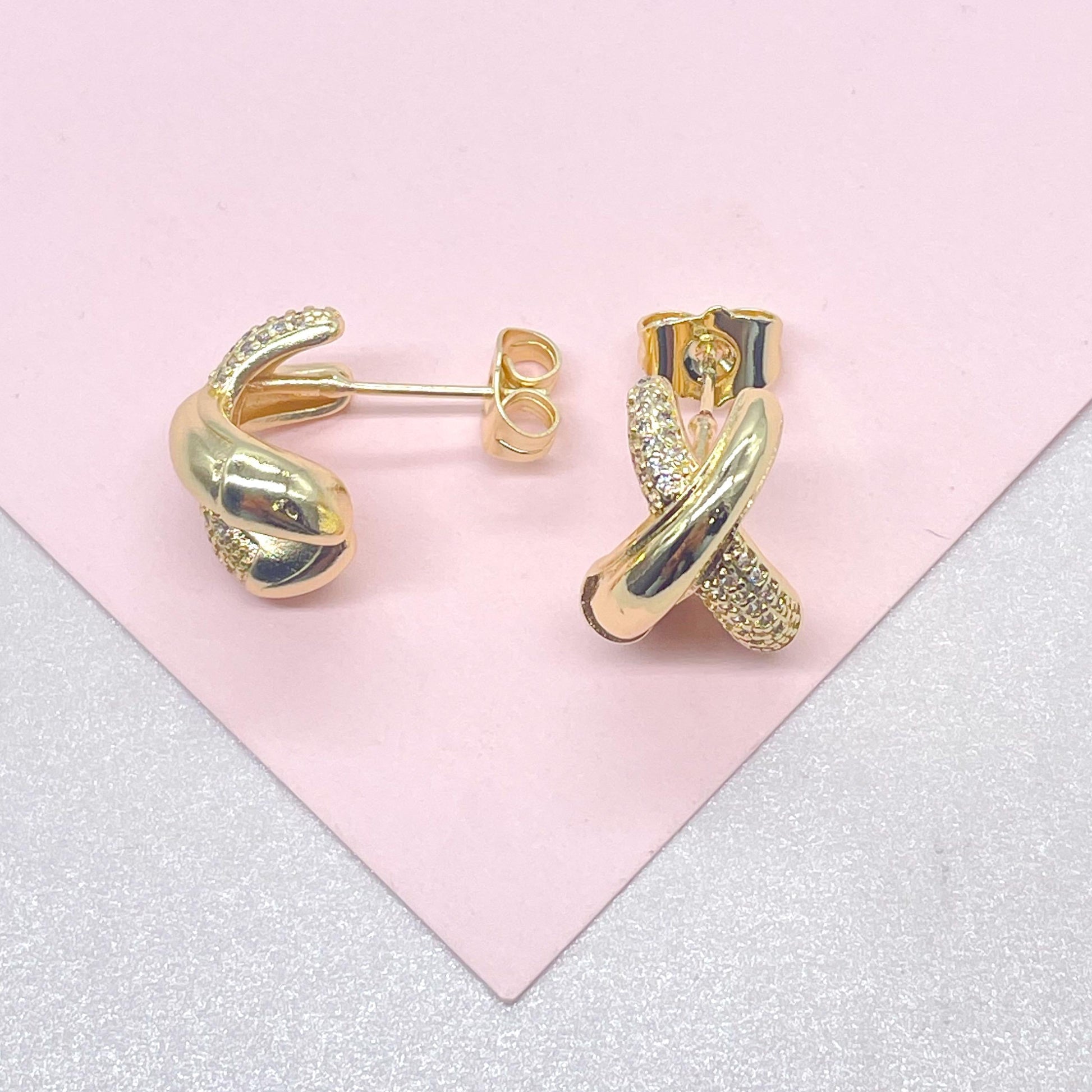 18k Gold Filled X Stud Hoop Earring with CZ Patterned