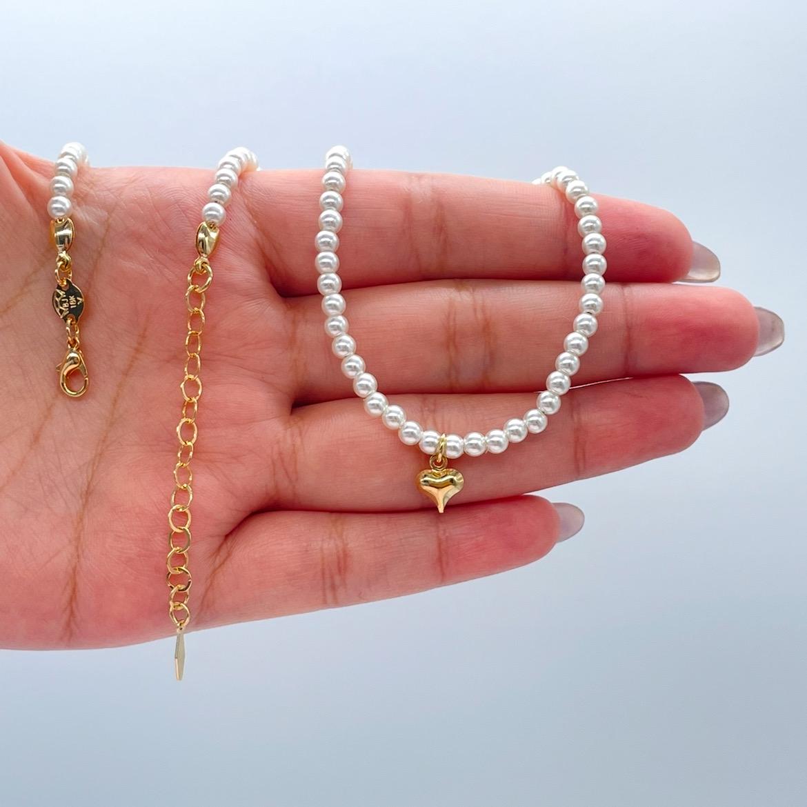18k Gold Filled Beaded Choker Necklace and Bracelet with 4mm Pearls and Plain Heart Charm