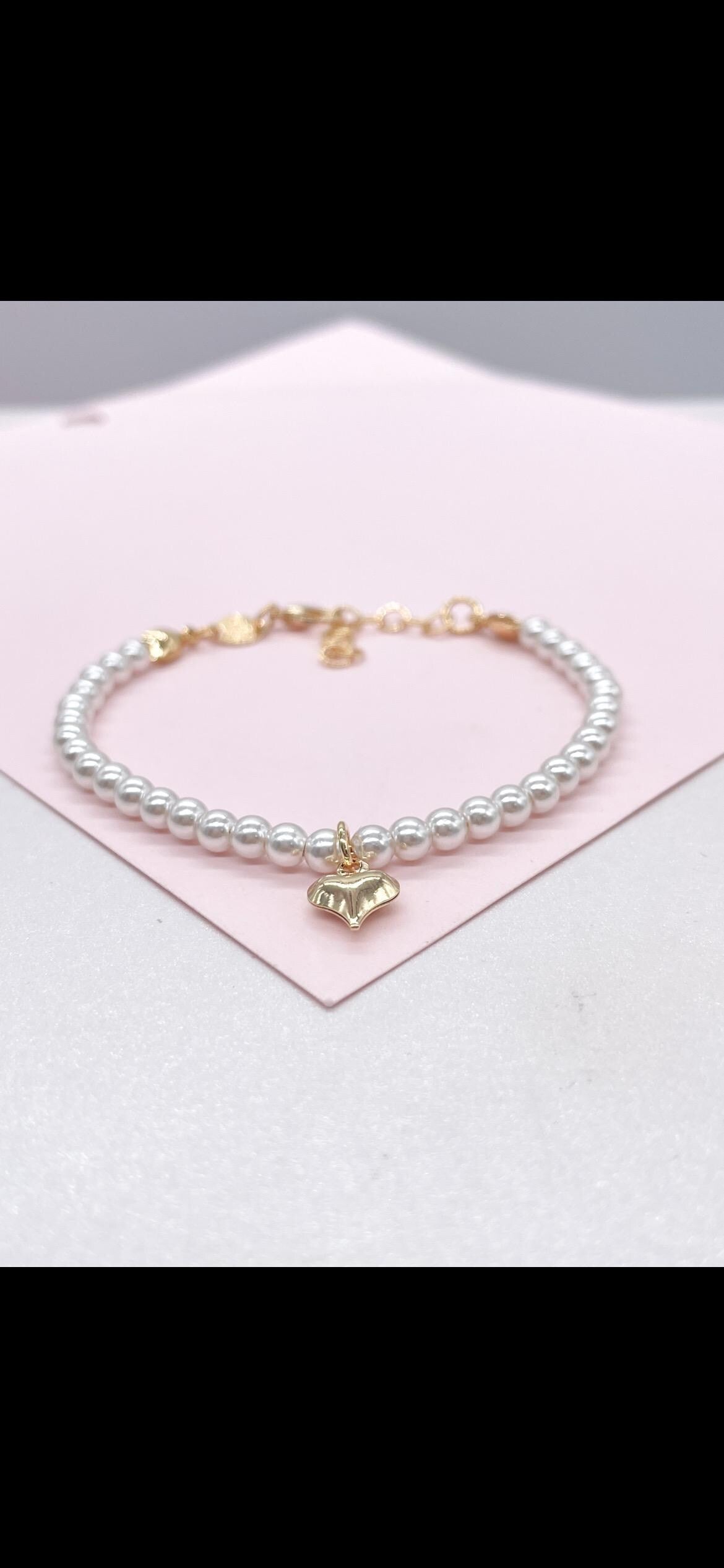 18k Gold Filled Beaded Choker Necklace and Bracelet with 4mm Pearls and Plain Heart Charm