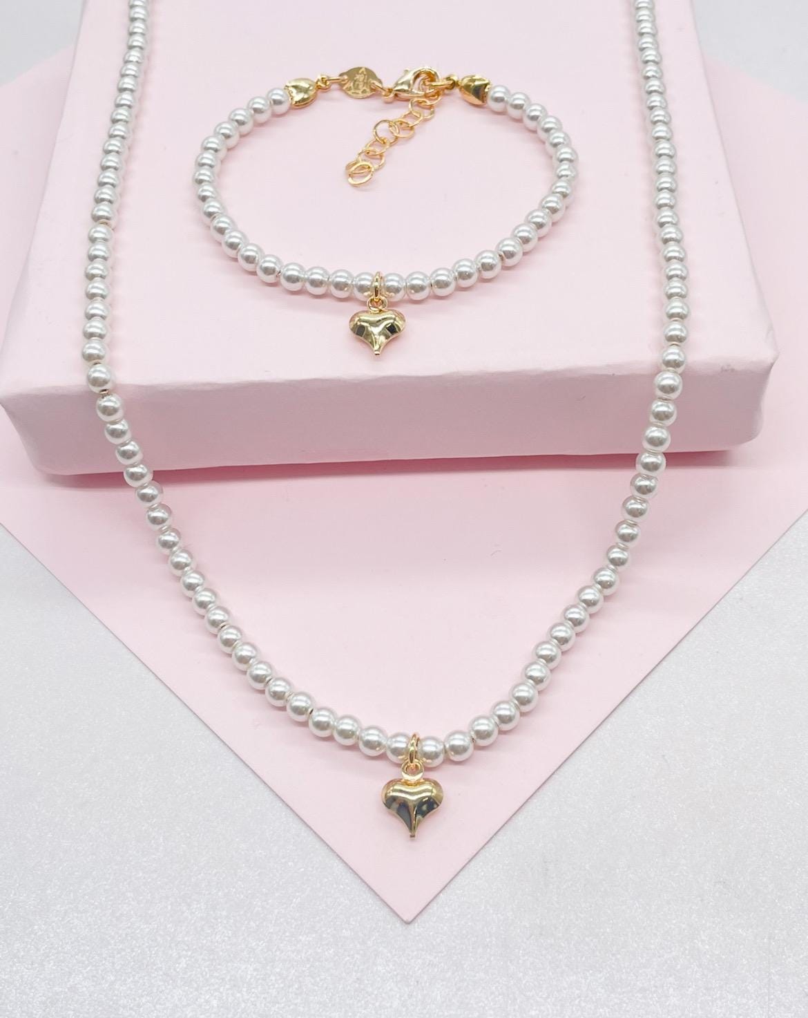 18k Gold Filled Beaded Choker Necklace and Bracelet with 4mm Pearls and Plain Heart Charm
