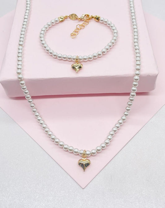 18k Gold Filled Beaded Choker Necklace and Bracelet with 4mm Pearls and Plain Heart Charm