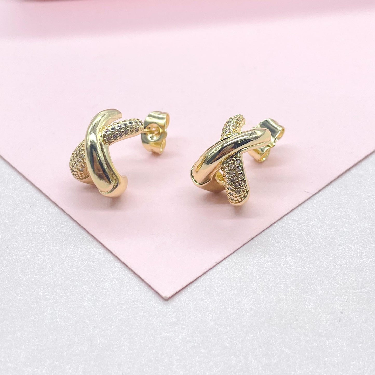 18k Gold Filled X Stud Hoop Earring with CZ Patterned