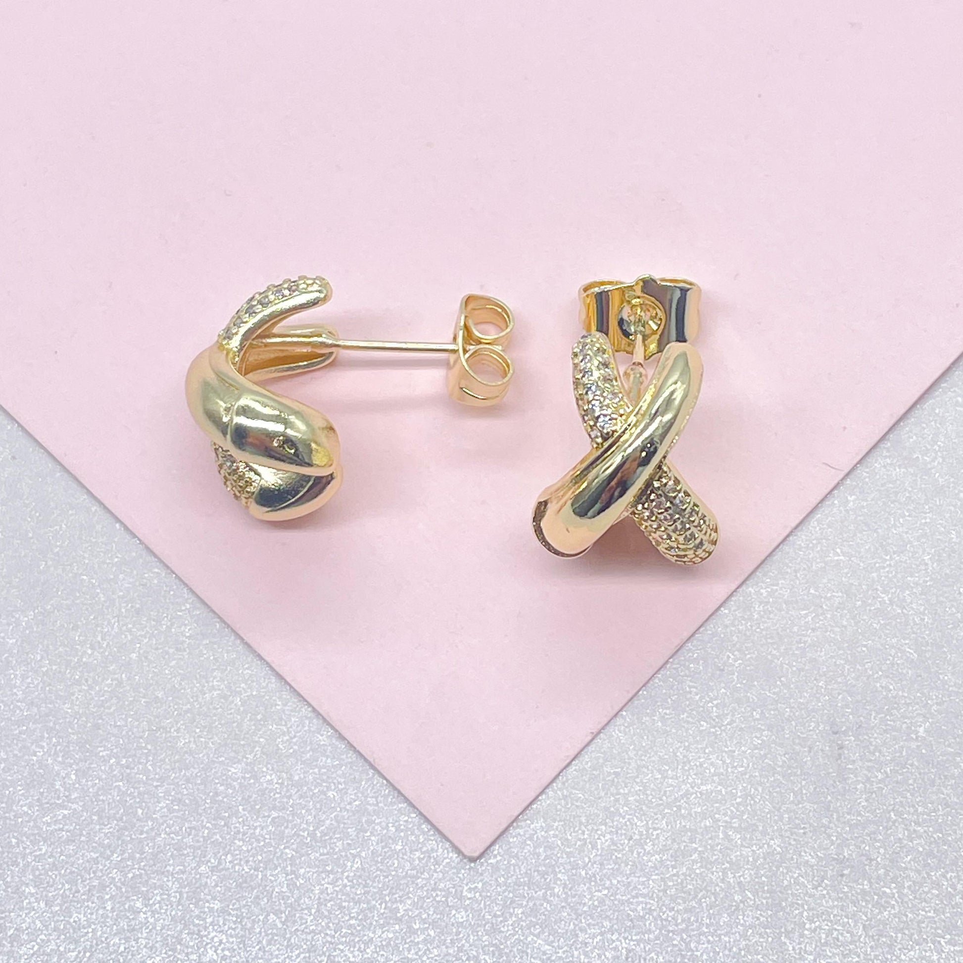 18k Gold Filled X Stud Hoop Earring with CZ Patterned