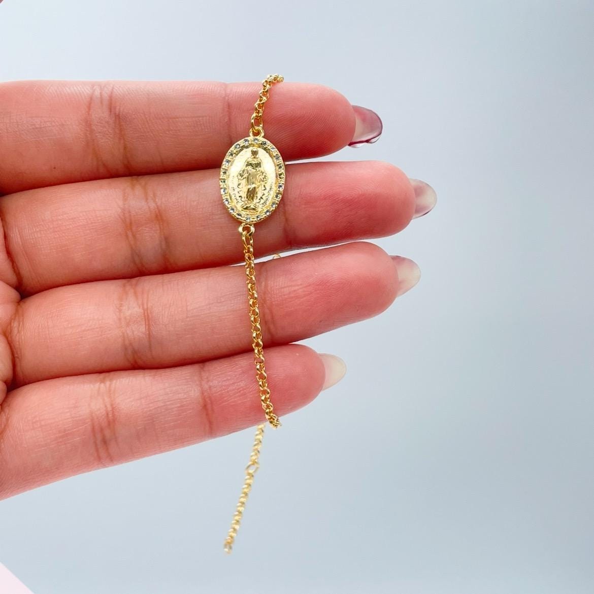 18k Dainty Gold Filled Rolo Bracelet with Engraved Virgin Mary Medallion Center