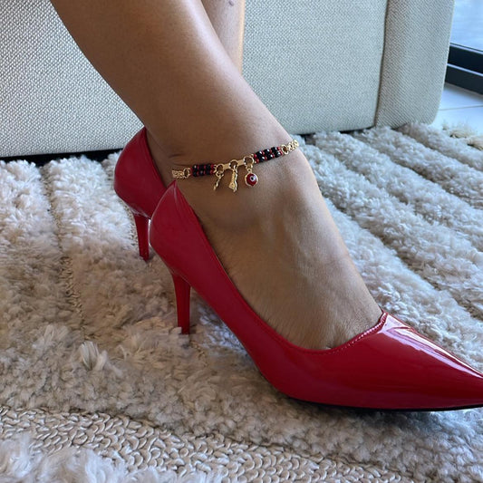 18k Gold Filled Red Evil Eye, Azabache, Elephant and "Figa" Protection Anklet in a Bismark Chain
