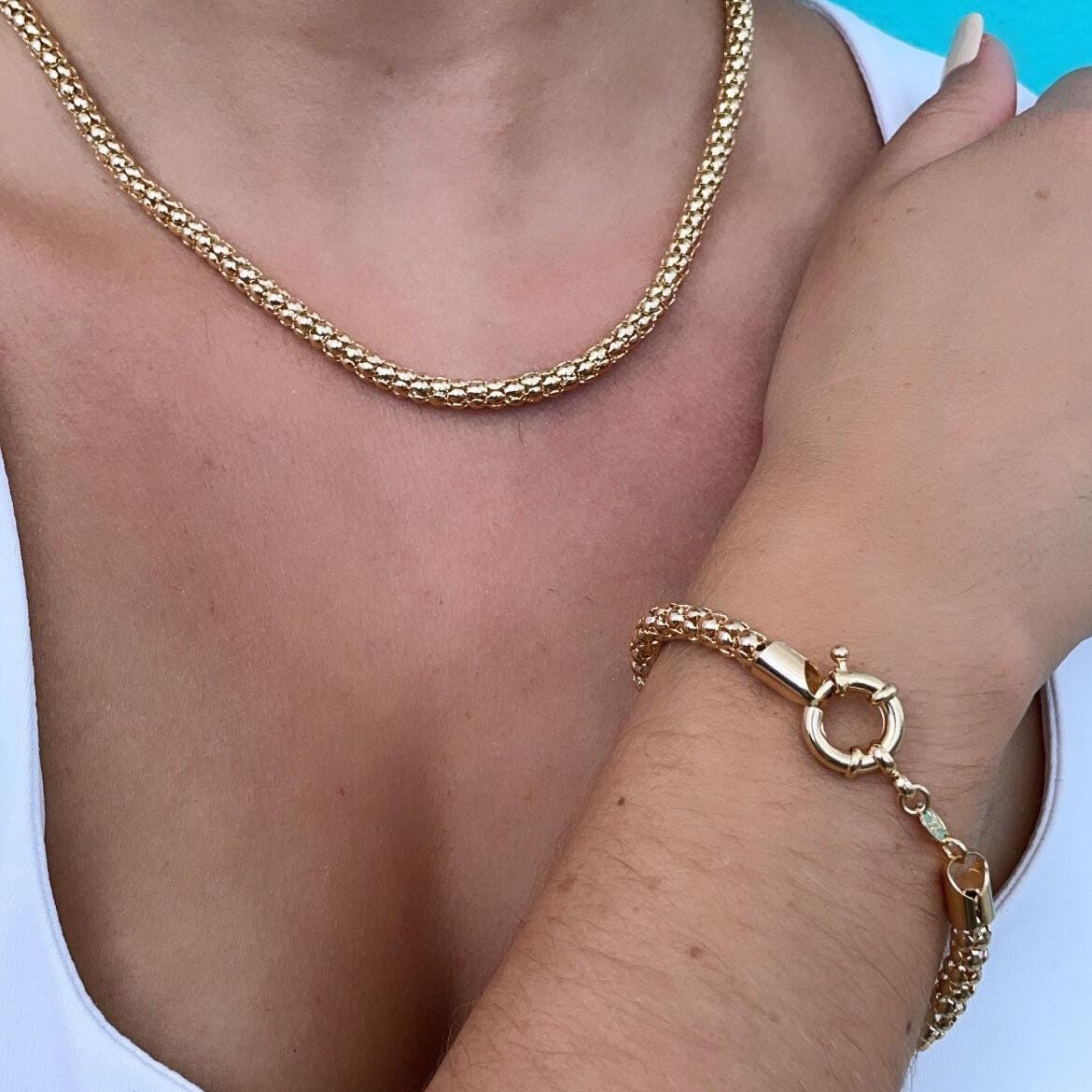 Gorgeous Unique 18K Gold Filled Wheat Link Tube Set Featuring Large Ring Clasp Hypoallergenic Jewelry Women Gold Bracelet