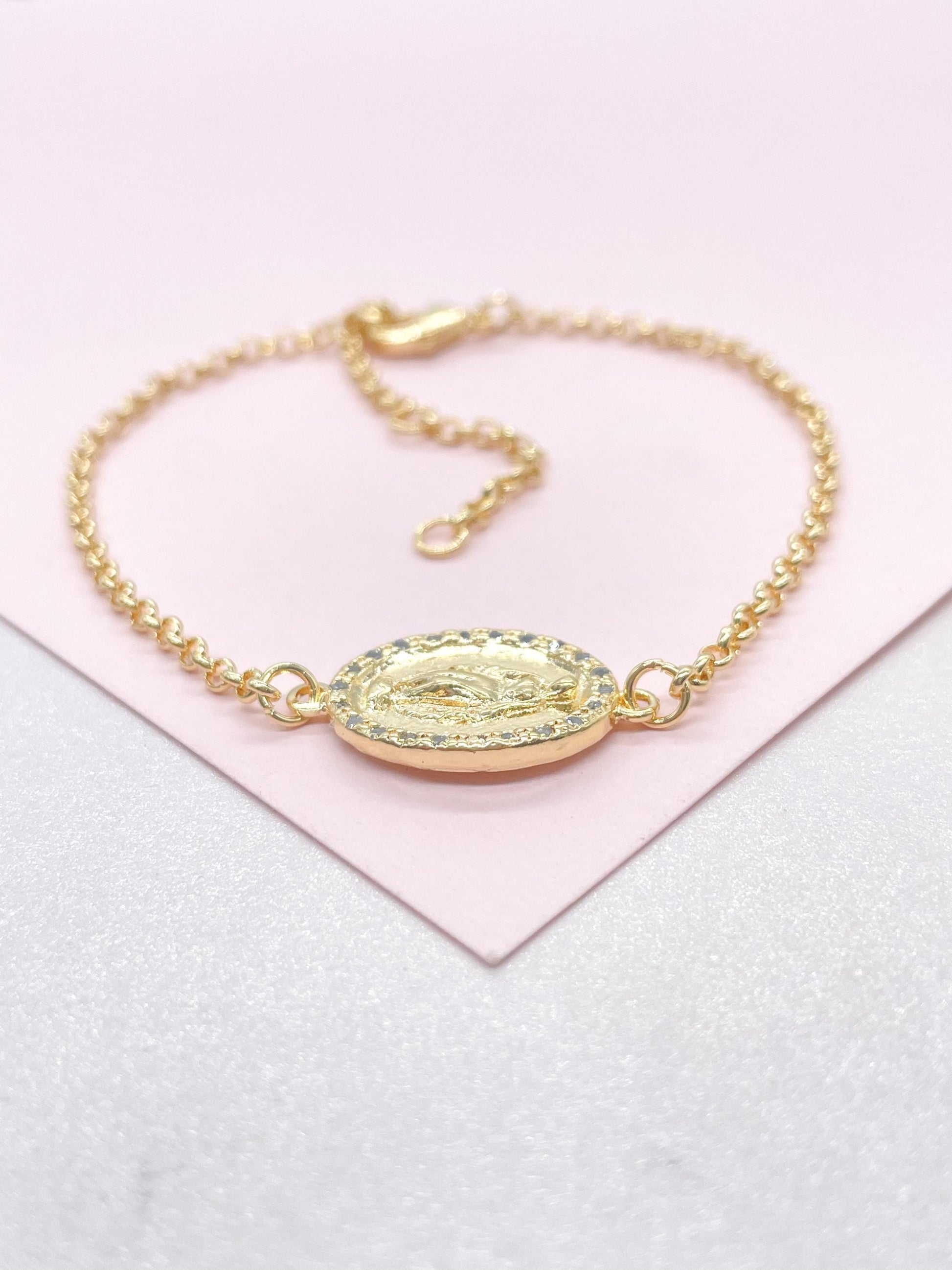 18k Dainty Gold Filled Rolo Bracelet with Engraved Virgin Mary Medallion Center