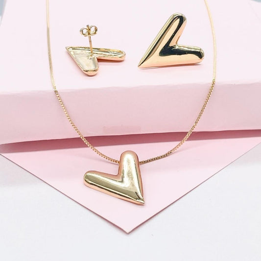 18k Gold Filled Box Chain Necklace with Smooth XL Heart Pendant, and Stud Earrings