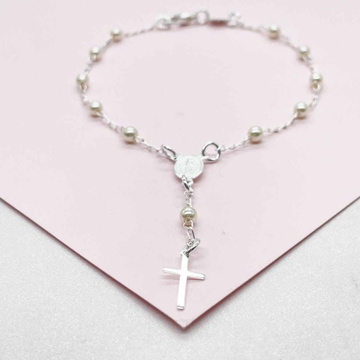 Dainty Silver Filled Beaded Pearl Satellite Rosary Bracelet with Virgin Mary and Crucifix Charm
