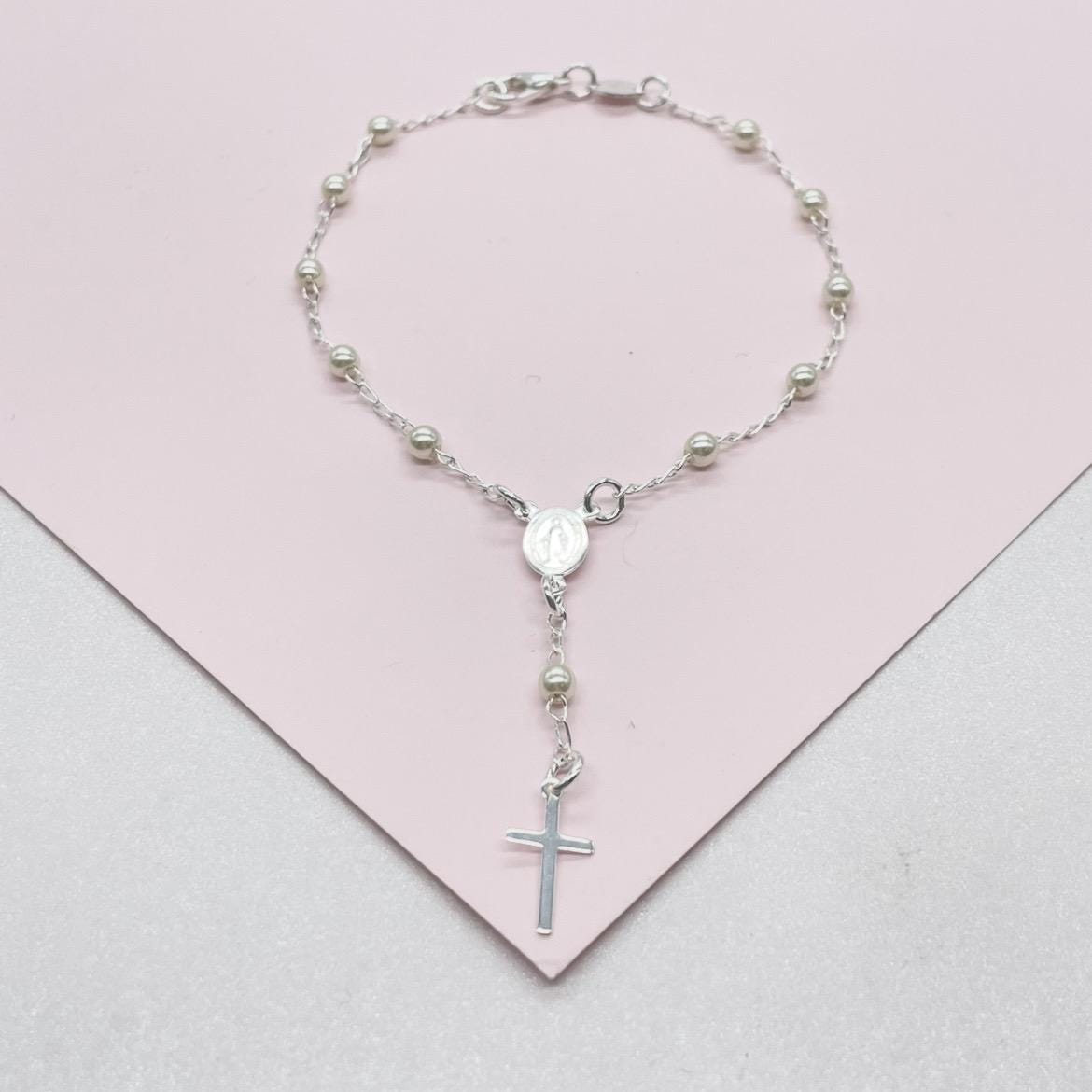 Dainty Silver Filled Beaded Pearl Satellite Rosary Bracelet with Virgin Mary and Crucifix Charm