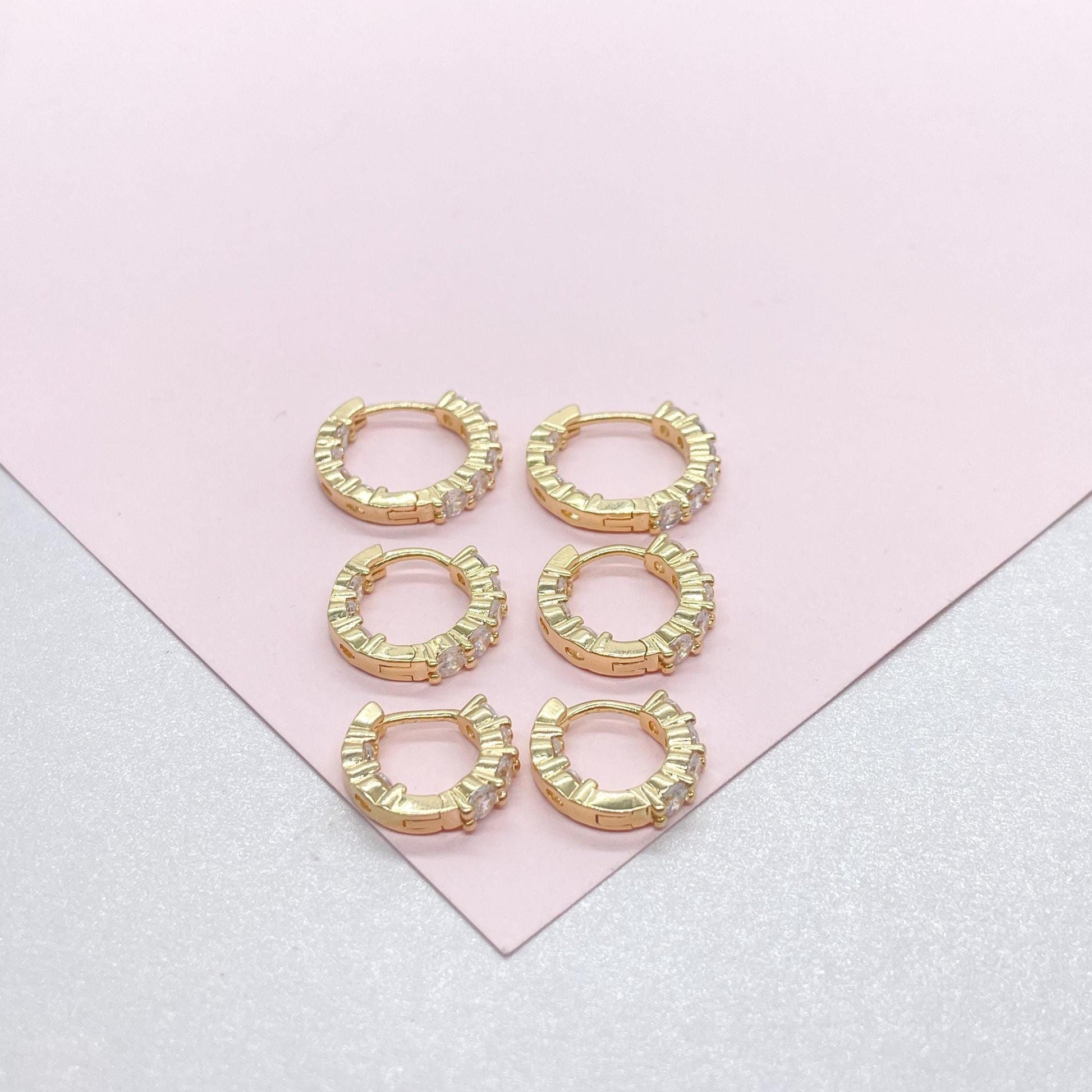 18k Gold Filled Set of Round Stone Hoop Earrings