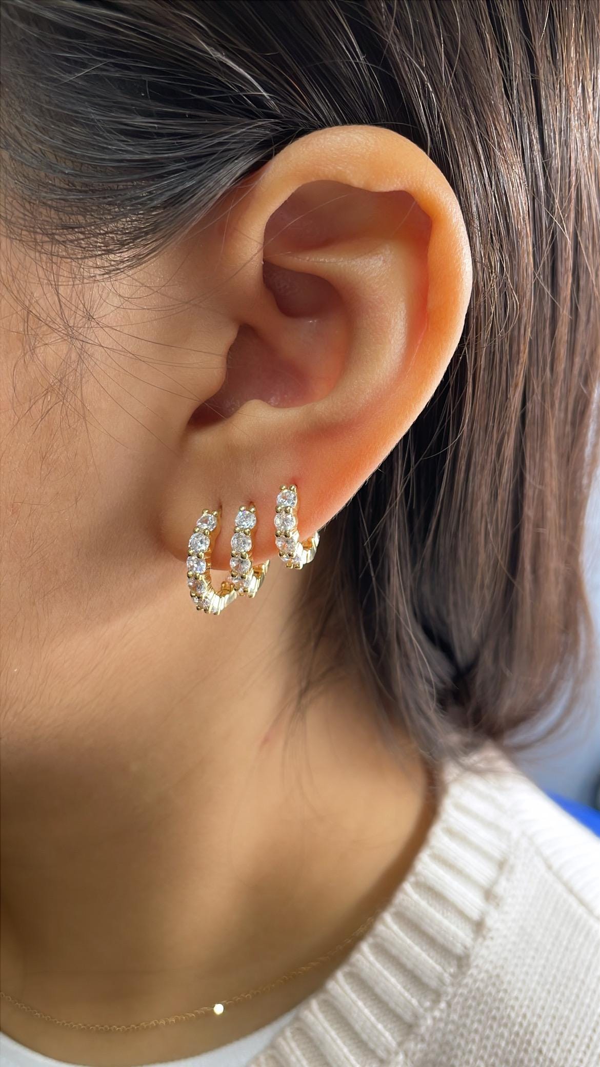 18k Gold Filled Set of Round Stone Hoop Earrings