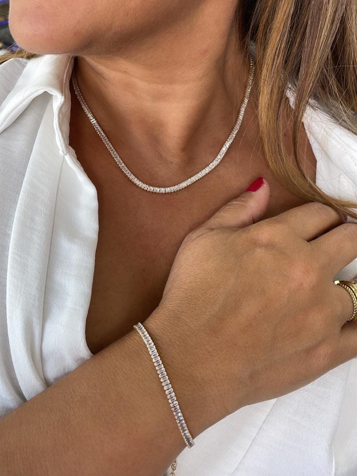 18k Gold Filled Baguette Cubic Zirconia Choker Necklace and Bracelet Set