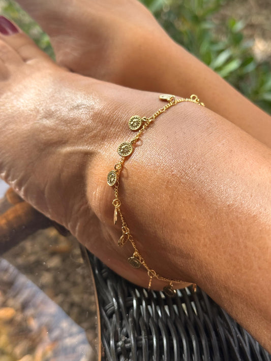 18k Gold Filled Charm Anklet featuring many Mini Medallion Charms, Coin Charm Ankle Bracelet