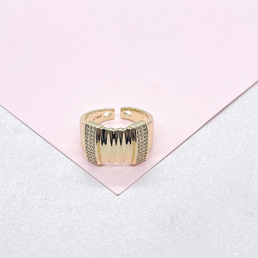 18k Gold Filled Adjustable Ring with Rowed Pattern and Round Pave CZ